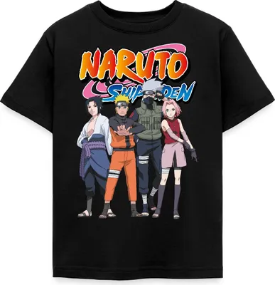 Produktbild von Spreadshirt Naruto Shippuden Sasuke, Naruto, Kakashi & Sakura Kinder T-Shirt, 98/104 (3-4 Jahre), Schwarz