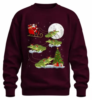 Productafbeelding van Kerstman met krokodillen, slee, sneeuwvlokken, kerstboom, uni sweatshirt, trui, bordeauxrood, maat S