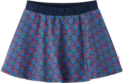 Produktbild von Kinderrock Marineblau mit Pfau-Muster A-Linie Größe 140 mit elastischem Bund