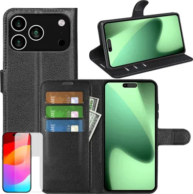 Obrázek produktu pro Pro Apple iPhone 17 Pro Umělá kůže Book Wallet pouzdro černé + 9H tvrzené sklo
