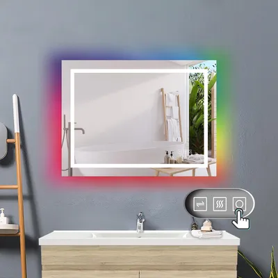 Produktbild von Badspiegel mit RGB Hinterbeleuchtung 70x50cm Beschlagfrei 3 Lichtfarbe Dimmbar Speicherfunktion LED Wandschalter 1 Stunde automatische Abschaltung