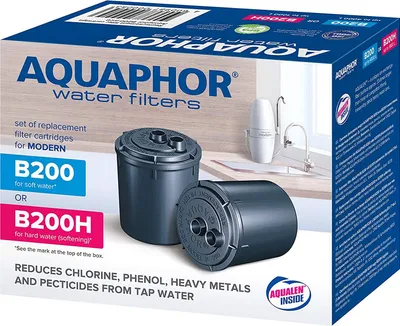 The image shows the packaging of Aquaphor water filters, featuring two filter cartridges and a depiction of a faucet and filter system.