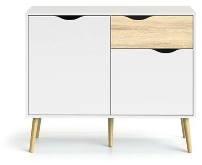 Image de CALICOSY - Petit buffet 2 portes, 1 tiroir blanc etReproduction chêne L98,7 cm - BILLUND