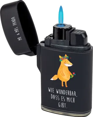 Produktbild von Mr. & Mrs. Panda sturmfeuerzeug Fuchs Blumen - Schwarz - Geschenk, Boho, Freundinnen, anzünder, gas, Blumenliebe, Gasfeuerzeug, zigarettenanzünder, Feuerzeug, Ich