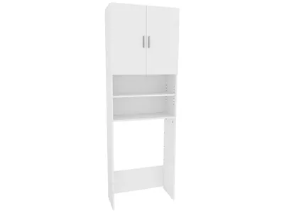 A white washing machine cabinet with two doors on top and open shelves below, shown against a white background.