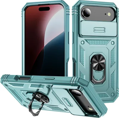Produktbild von iPhone Air Hülle, Schiebe Kamera Schutz Stoßfest Schutzhülle mit Ringhalterung Ständer für iPhone Air Grün