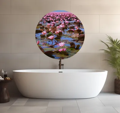 Produktbild von Wallario wasserfestes Poster selbstklebend 90 x 90 cm, Seerosenlandschaft mit rosa Blüten, Badezimmerposter Spritzschutz mit Hochglanzoberfläche in Glasoptik
