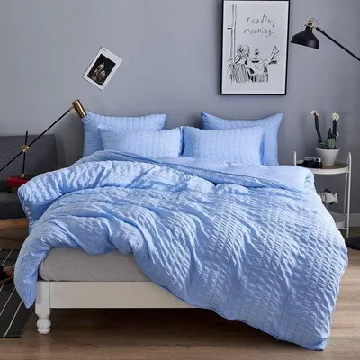 Produktbild von Famanu Seersucker Bettwäsche Set 135 x 200 cm - Blau, 4-teilig, mit Reißverschluss