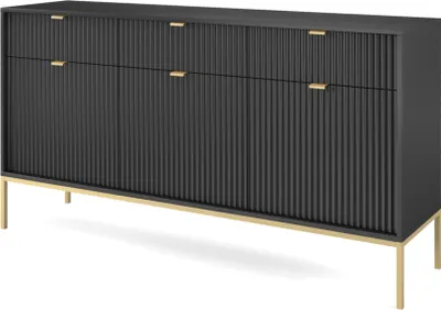 Produktbild von DomoHome Hochwertige Elegante Kommode Nova - 154x83x39 cm Gerillte Front, Goldene Griffe, Vielseitiges Design Mit 3 Schubladen und 3 Türen, Farbe: Schwarz, Rahmen Gold