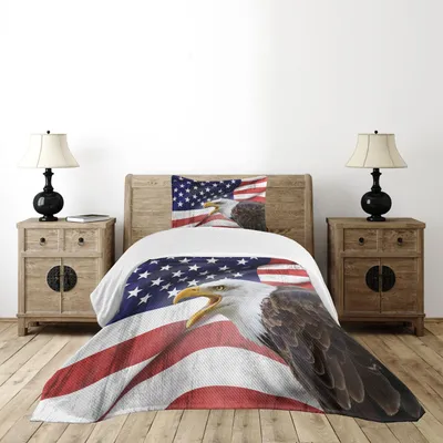 Produktbild von ABAKUHAUS Amerikanische Flagge Tagesdecke Set, Adler auf den Vordergrund Banner Stolz Geschichte Solidarität Martial Identity Symbol, 170 x 220 cm, Mehrfarbig