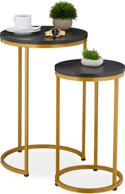 Produktbild von Relaxdays Satztisch, 2er Set, 2 Größen, Marmoroptik, Metall, runde Beistelltische, Wohnzimmer Couchtisch, schwarz/gold