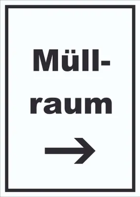 Produktbild von Müllraum Schild mit Text Richtungspfeil rechts Abfall Mülltrennung hochkant A1 Rückseite selbstklebend