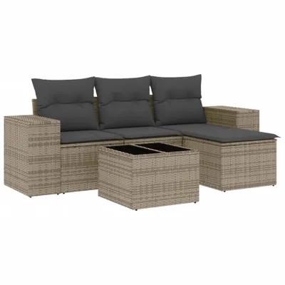 Produktbild von 5-tlg. Garten-Sofagarnitur mit Kissen Grau Poly Rattan
