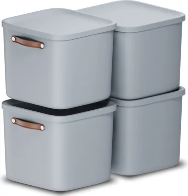 Four gray storage boxes are stacked in a two-by-two formation against a white background.