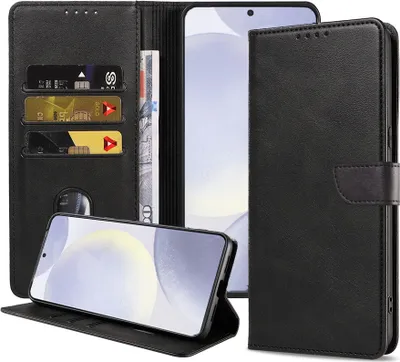 Immagine prodotto di Adatto a Samsung Galaxy S24 Plus Custodia in ecopelle con labbro magnetico e portacarte a libro con patta - Nero - Smartphonics