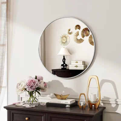 Produktbild von Runder Wandspiegel 60 cm Metallrahmen Silber | Bad Schminkspiegel Wandmontage Wohnzimmer Schlafzimmer Flur