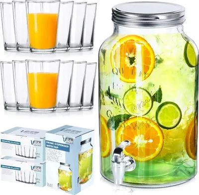 Obrázek produktu pro Dávkovač nápojů Vilde s kohoutkem Skleněný dávkovač se skleněným kohoutkem 6,2 l + sklenice na pití 12 ks 200 ml