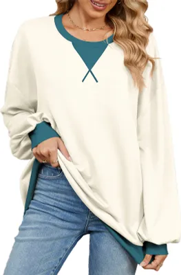Produktbild von ASKSA Damen Sweatshirt Oversized Farbblock Rundhals Casual Langarmshirt Oberteile Herbst Y2K Shirt (Beige,S)