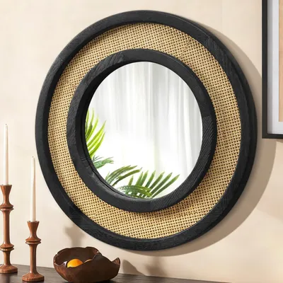 Zdjęcie produktu dla Omgoods - Okrągłe lustro ścienne z drewnianą ramą, 50 cm, czarne
