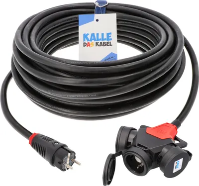 Produktbild von KALLE DAS KABEL Verlängerungskabel H07RN-F 3G 2,5 mm² 50 Meter IP54 Schuko 3-Fach Kupplung IP44 Stromkabel 3-fach-Verteiler Campingkabel Baustellenkabel Verteiler