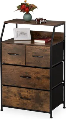 Productafbeelding van Industriële ladekast - 96.5 x 60 x 41.5 cm - Stof metaal houtlook - 4 lades - Dressoir bruin/zwart Ladeblok