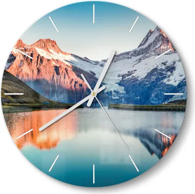 Produktbild von DEQORI Glasuhr Ø30 cm Modern 'Bachalpsee vor Alpen' Wanduhr Glas Uhr Design leise