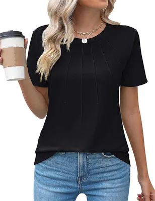 Produktbild von ASKSA Damen T-Shirt Sommer Kurzarm Rundhals Laessig Shirts Tops Tee Elegant Oberteile, Schwarz, Groesse: L