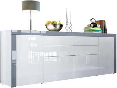 Produktbild von Vladon Sideboard La Paz V2,  Germany, Kommode mit 2 Türen, 2 Schubkästen und 2 Klappen, Weiß Hochglanz/Weiß Hochglanz/Grau Hochglanz (200 x 72 x 35 cm)