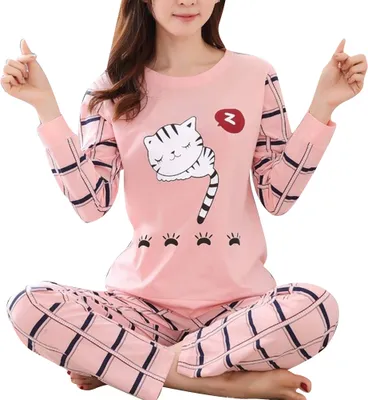 Produktbild von Winter Cute Cartoon Cat Print Pyjama Set Frauen Zweiteilige Langarm Nachtwäsche||Rosa||XL