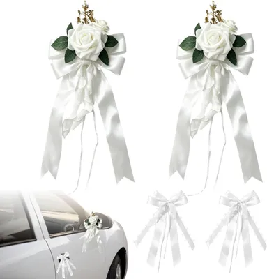 Productafbeelding van Bruiloftsautodecoratieset met 4 decoraties en zuignappen voor de achteruitkijkspiegel