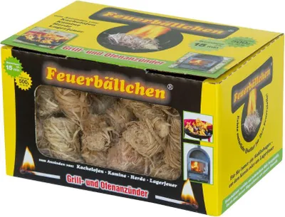 A box of fire starters, also known as 'Feuerbällchen', for grills and ovens.