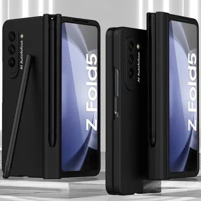 Two black cases for a foldable phone are displayed side-by-side against a light background.