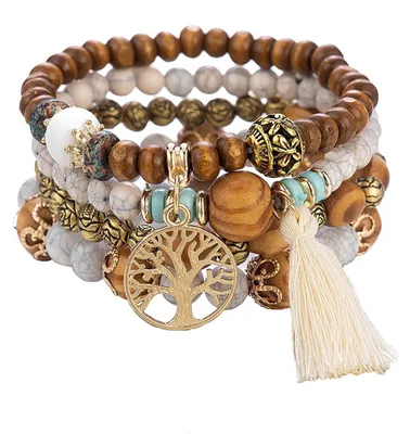 Produktbild von SHUBEIEUMI Boho Holzperlen Armband, 4 Stück Boho Quaste Armband