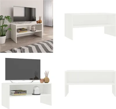 A collage of images showing a white TV stand with a television on it, and separate images of the TV stand.
