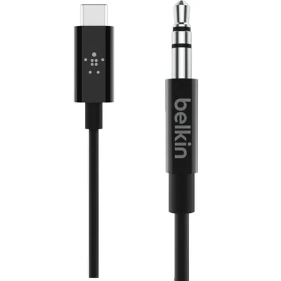 Productafbeelding van Belkin RockStar 3,5 mm audio-/USB-C kabel, 0,9 meter, zwart. Modelnummer: F7U079bt03-BLK
