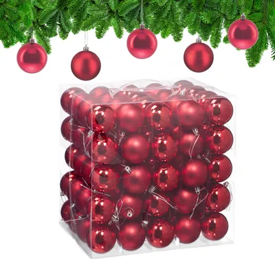 Image de Lot de 100 boules de Noël Relaxdays, décorations de Noël, mates et brillantes, boules de sapin ∅ 6 cm, décorations pour sapin de Noël, rouges