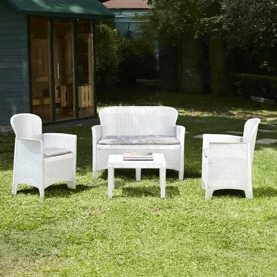 Produktbild von Outdoor-Lounge-Set Dlinett, Gartengarnitur mit 2 Sesseln, 1 Sofa und 1 Couchtisch, Sitzecke in Rattan-Optik mit Kissen, 100 %  Italy, Weiß
