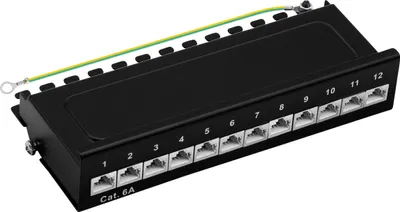 Produktbild von ProfiPatch Cat.6a Patchpanel Verteilerfeld 12 Port Patchfeld RJ45 geschirmt Desktop und Wandmontage 1HE schwarz