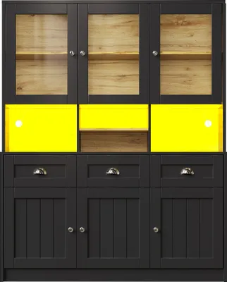 Produktbild von Flieks Küchenschrank Hochschrank mit LED, Küchenbuffet 140x40x175 cm, Vitrinenschrank Buffetschrank mit Verstellbaren Ablagen, schwarz