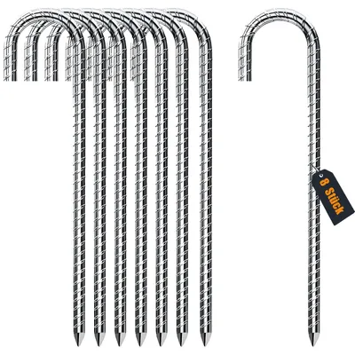 Imagen del producto de Clavos de tierra metálicos en forma de J, de 30 cm, paquete de 8 unidades, fabricados en acero galvanizado, para tiendas de campaña y trampolines