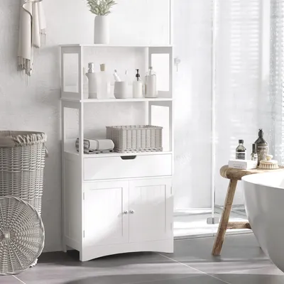 Imagen del producto de Mueble de baño Sweiko, modelo "Midischrank", armario de baño con 2 estantes abiertos, cajón, mueble bajo, color blanco, dimensiones: 60 x 33 x 122,5 cm
