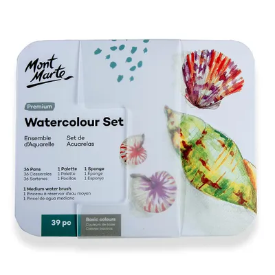 Produktbild von Mont Marte Aquarellfarben Set 36 Farben – Tragbares Malset mit Wassertankpinsel im Etui  – Ideal für Reisen, Urban Sketching & kreative Auszeiten