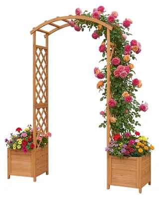 Produktbild von Relaxdays Rosenbogen, Rundbogen mit 2 Pflanzkästen, HxBxT: 206 x 180 x 40 cm, Gartenbogen, Rankhilfe, Tannenholz, orange