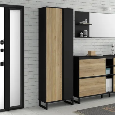 Produktbild von Kleiderschrank >QUAYLE< in Mauvella Eiche , Schwarz - 65,1x201,7x34,1cm (BxHxT)