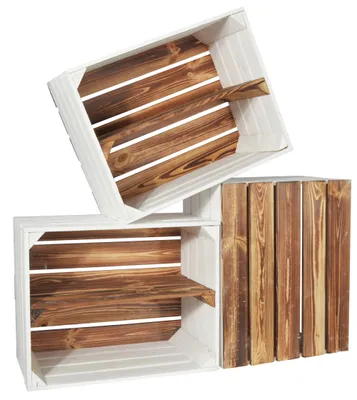 Produktbild von CHICCIE 3 Set Holzkiste Grete Geflammt Weiß Mit Langem Regal 50x40x30cm Gehobelt - Holzkisten Obstkisten Weinkisten Regale