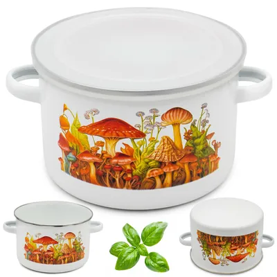 Zdjęcie produktu dla Garnek z Pokrywką 1,85L Emaliowany Garnuszek na Zupy Kuchenny Grzyby 16cm