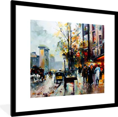 Produktbild von MuchoWow® Gerahmtes Poster Gemälde - Stadt - Öl 40x40 cm - Poster mit Schwarzem Bilderrahmen Wandposter Rahmen Foto Bilder - Poster - Plakat im Rahmen
