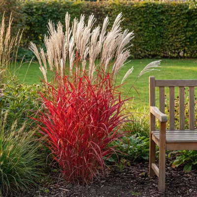 Produktbild von Stauden Gänge 1 x Miscanthus sinensis 'Lady in Red' im 11 x 11 cm Topf - Chinaschilf - Rotes Laub und silberweiße Rispe ab September - Winterhart
