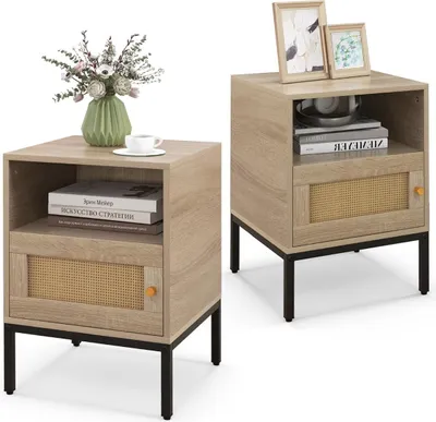 Image de Ensemble de deux tables de chevet en rotin avec étagère et armoire