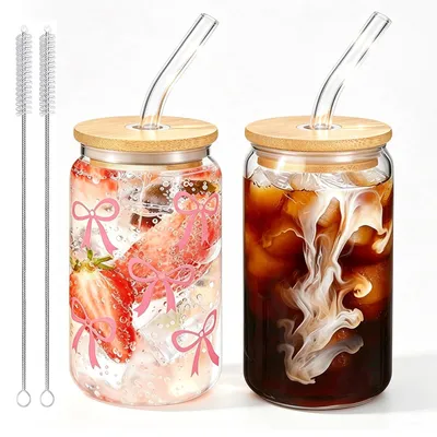 2 Trinkgläser mit Deckel & Strohhalm, 500 ml, blikförmig, Borosilikatglas